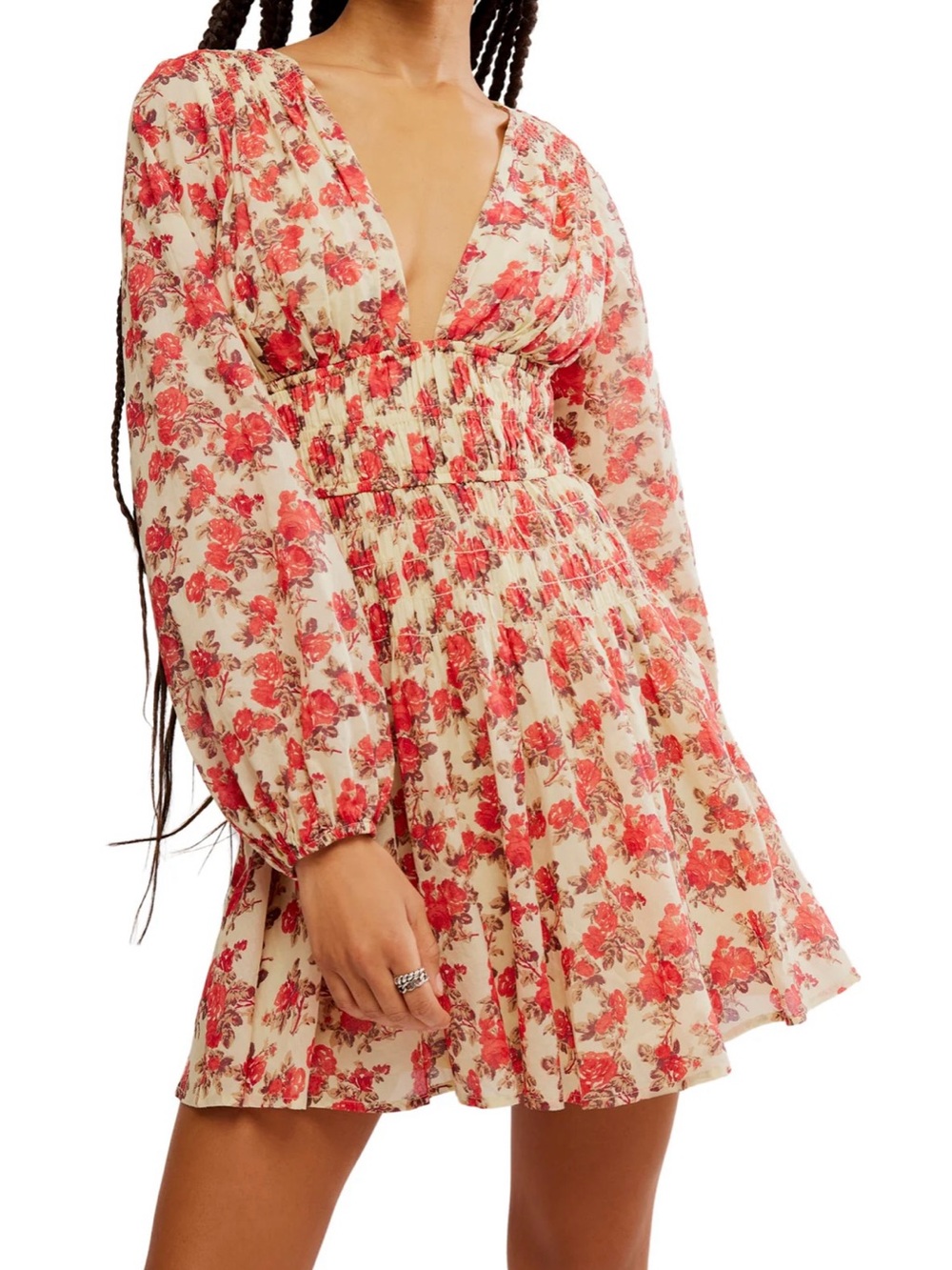 Free People Keep You Mine Floral Long Sleeve Mini Dress Cream Womens M